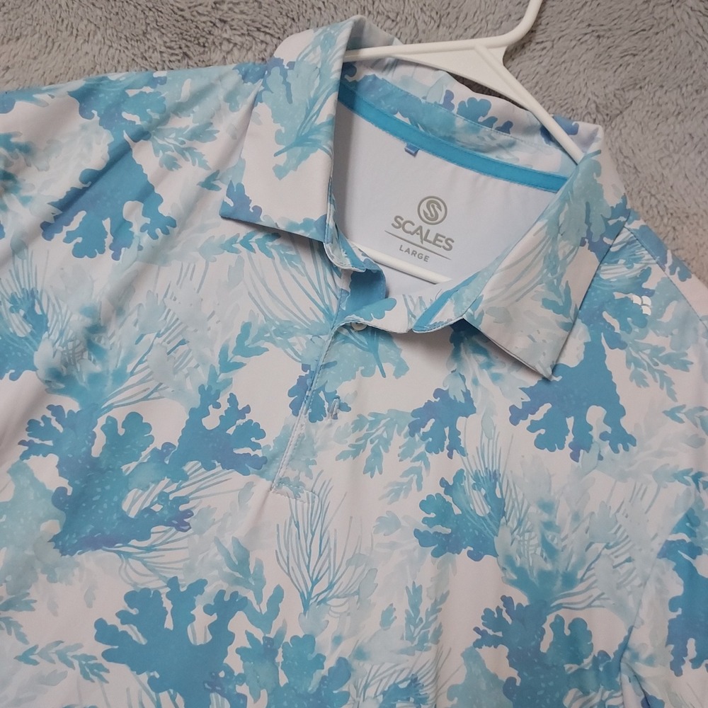 Scales Polo Shirt Mens Large Coral Reef Performance Fishing Blue White Jersey